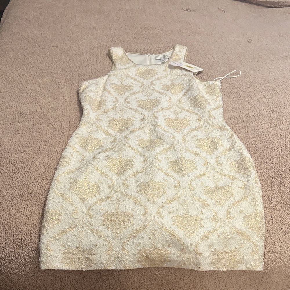 Badgley Mischka Ivory and Gold Textured Dress